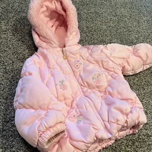 Vintage Pink Quilted Hooded Jacket with Floral Embroidery 12M